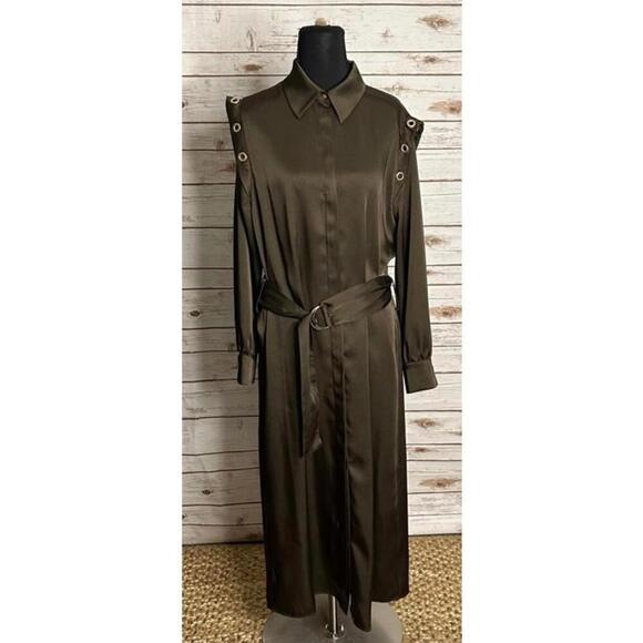 Zara Dresses & Skirts - Zara olive green satin grommet detail belted Ring Trim maxi shirtdress Size M